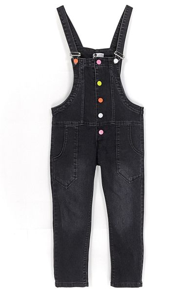 DobaKids Colorful Buttoned Pocket Detailed Short Leg Girl's Denim Overalls 8-12 Years Black