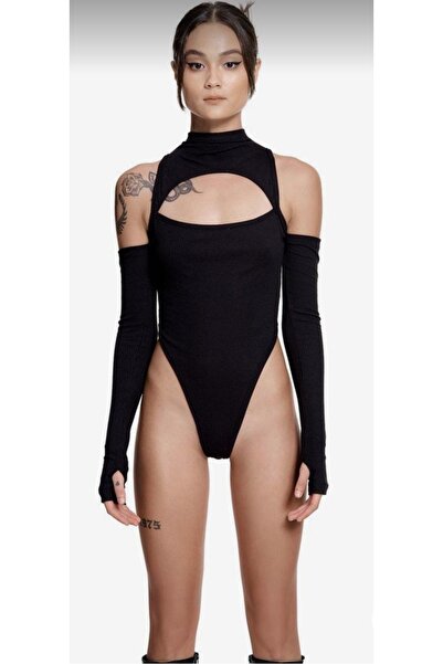 Nsb Tasarım Дамски черен боди с оголени рамене и завързване на пръсти