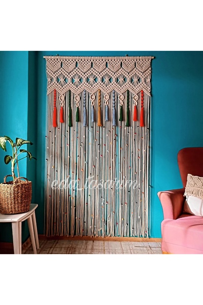 EdaTasarım Makrome Perde Renkli Detay ve Ahşap Boncuklu