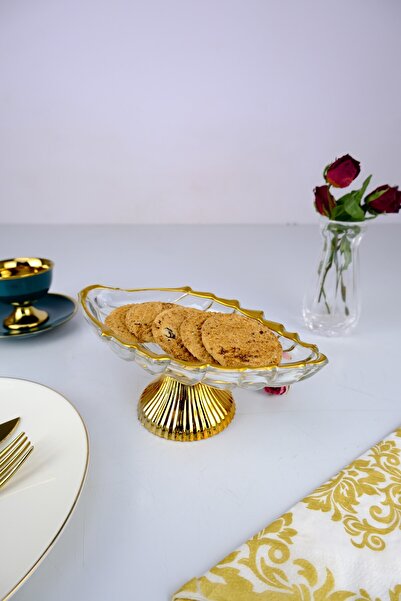 Digithome Leaf Ayaklı Oval Cam Servis Sunumluk Kurabiyelik Gold Yaldızlı 20 Cm – 11111ayk C320.045