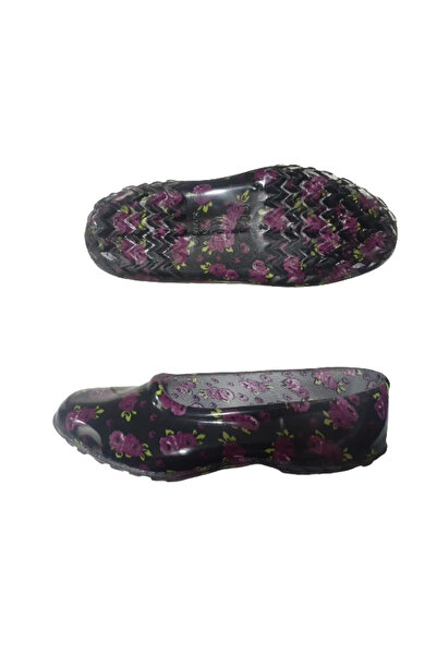 Emek Lastik Kadın Siyah-Mor Çiçek Desenli Kaymaz Taban Iş Ayakkabısı Kkk8545