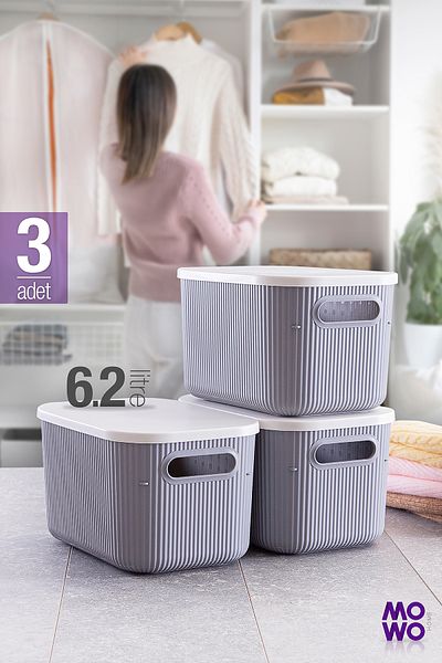 Mowo Home Декоративна кутия за съхранение Trove 3 Pieces 6.2 Lt, сив органайзер, покрит