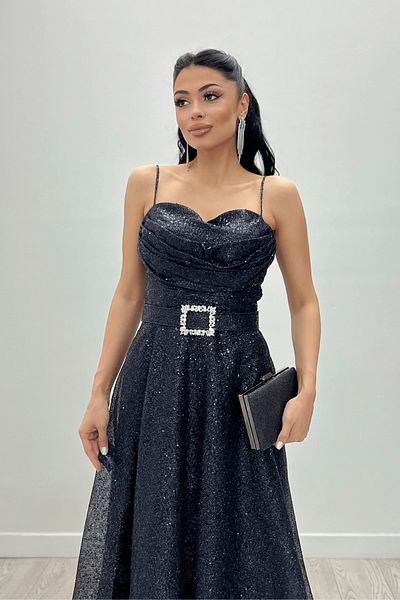 giyimmasalı Glittery Tulle Fabric Strap Midi Dress - BLACK