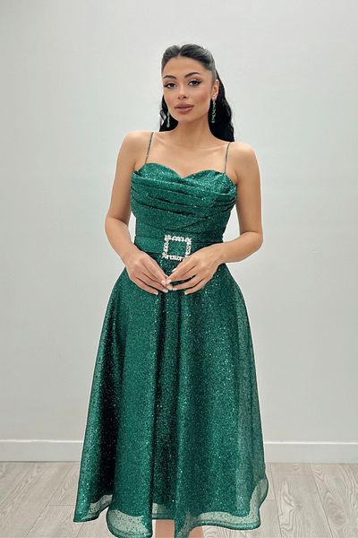 giyimmasalı Glittery Tulle Fabric Strap Midi Dress - ZIMRUT GREEN