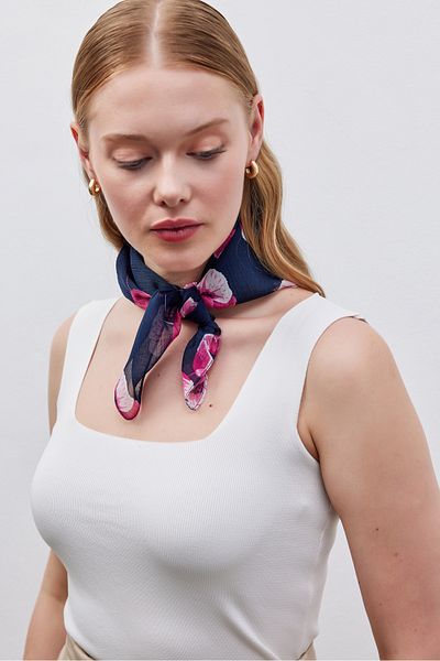 THE MOON Poppy Flower Patterned Textured Navy Blue Chiffon Scarf