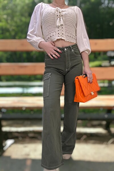 yagmurberen PANTALON damă GABARDIN BUZUUNAR CARGO PIECI LATE KAKI