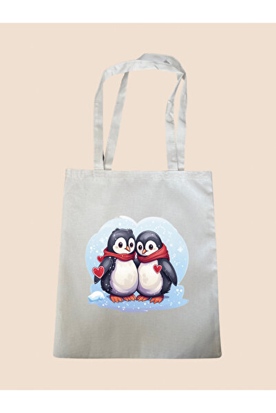 lili hediyelik Έντυπη υφασμάτινη τσάντα Penguin And Heart - Γυναικεία τσάντα ...