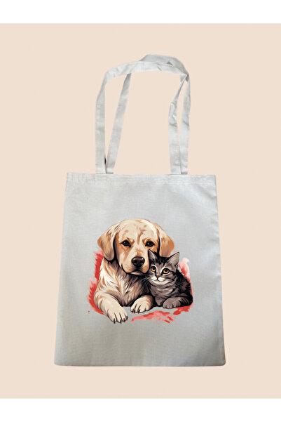 lili hediyelik Geantă din pânză cu imprimeu Hugging Cat and Dog - Geantă de u...