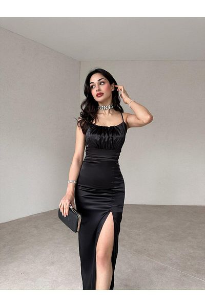 SONREİR SATIN FABRIC STRAPPED MIDI DRESS WITH ELASTIC STRAPS