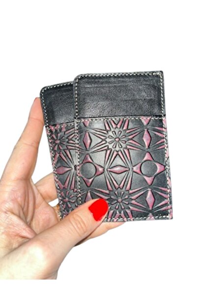 Pinkylola W نموذج جلد أسود كلاريت أحمر ريترو مطبوعة حامل بطاقة جلد طبيعي محفظ...