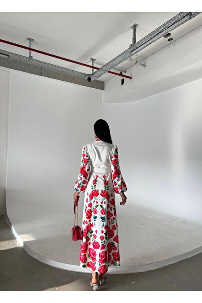 BRGCLOTHING Дамска дълга рокля от плат Atlas с флорални мотиви и колан