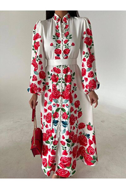 BRGCLOTHING Дамска дълга рокля от плат Atlas с флорални мотиви и колан