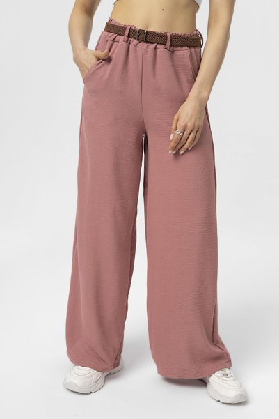 soi fashion Pantaloni Ayrobin cu picior lat detaliat cu centură trandafir uscat