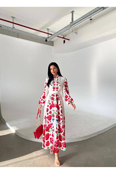 BRGCLOTHING Дамска дълга рокля от плат Atlas с флорални мотиви и колан