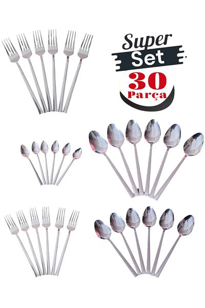 Yüsra Home 30 Pieces Spoon Fork Set for Daily Use - Flat Bar Model, Stainless Steel Fortune Dowry