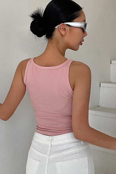 MADALİNA Kadın Açık Pembe Kaşkorse Kumaş Geniş Askılı Crop Bluz