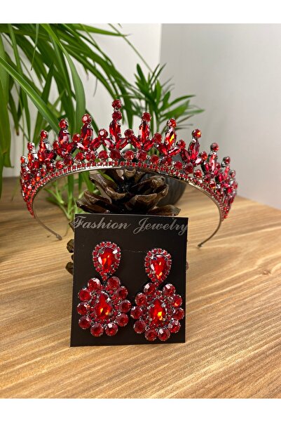 ANZE accesorii set coroana mireasa rosie coroana si cercei