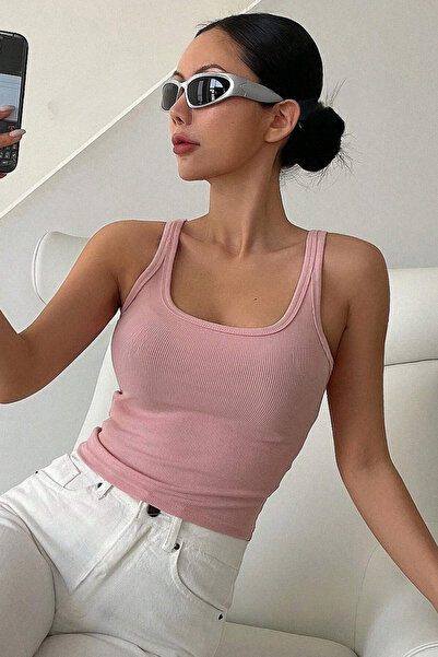 MADALİNA Kadın Açık Pembe Kaşkorse Kumaş Geniş Askılı Crop Bluz