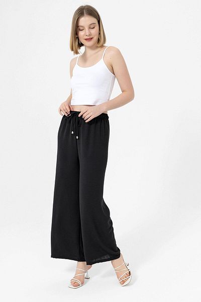 soi fashion Elastic Waist Wide Leg Trousers Black