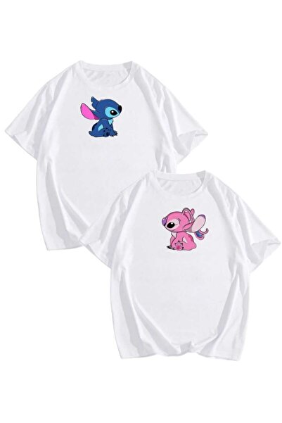 PERISENSE Tricou oversize unisex cu imprimeu Stitch Angel - Set de 2 combinaț...