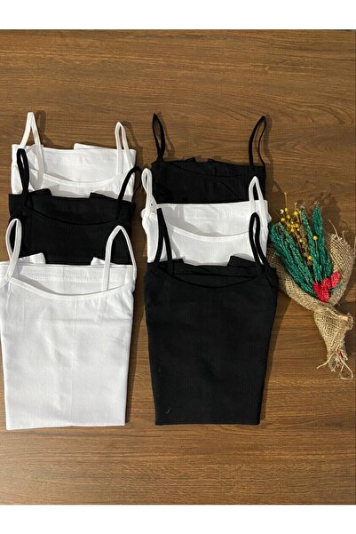 ParisTrend Kadın Siyah Beyaz Ip Askılı Likralı Penye 6'lı