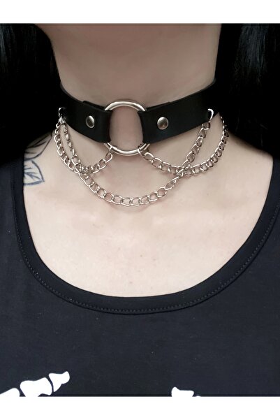 DarkellaStore Gotik Punk Halka Detay Zincirli Deri Choker Boyunluk