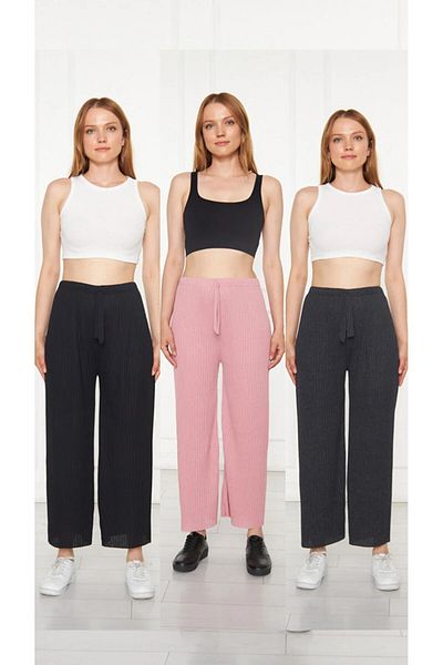 Sashaa Collection Pachet de 3 pantaloni și pantaloni de trening pentru femei, negru - roz - Antarist, cu nervuri, ocazional, confortabil, pentru acasă, pijamale