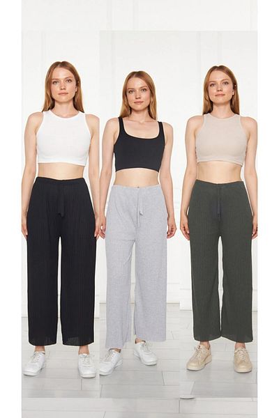 Sashaa Collection Pachet de 3 pantaloni și pantaloni de trening pentru femei, negru - gri - kaki, cu nervuri, ocazional, confortabil, pentru acasă