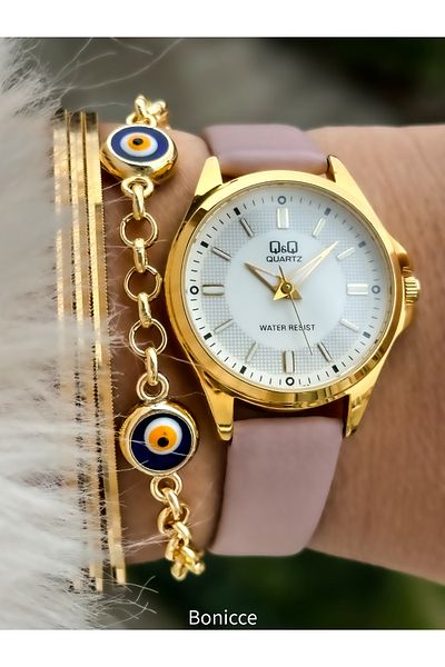 Q&Q Brand Leather Cord Pink Color Wrist Watch+bracelet