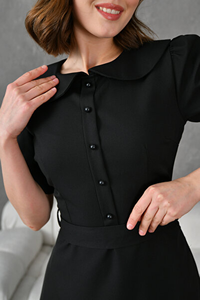 lovebox Széles köténygallér rövid ballon ujjú szárny, részletes Midi hosszúságú, kiszélesedő szabású fekete estélyi ruha 2111