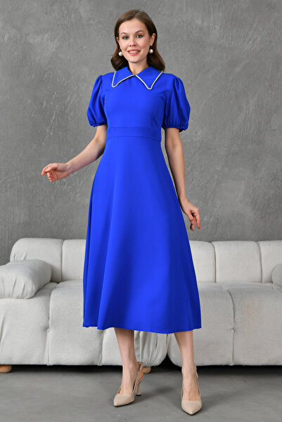 lovebox Коротке плаття з коротким рукавом, коміром з каменем, міді довжиною, синє вечірнє плаття для випускного вечора 2073