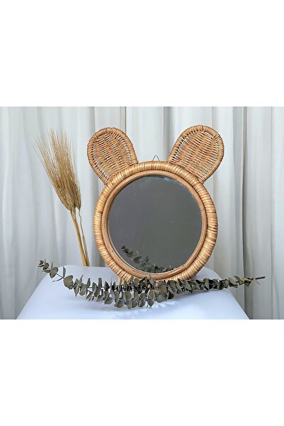 1 Doğal Rattan Kulaklı Dekoratif Ayna 33 cm Rafya Bej Duvar Aynası Yuvarlak