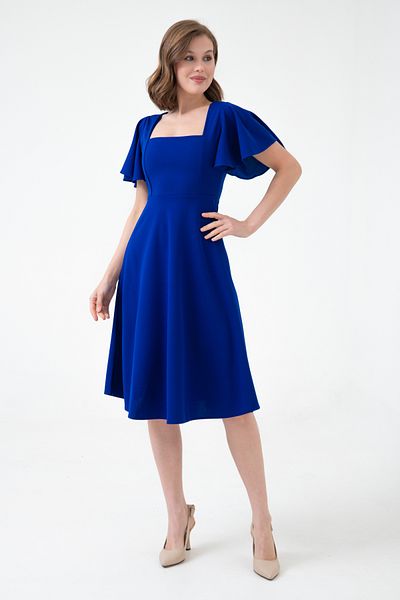 Secret Passion Lingerie Women's Flounced Sleeves Saks Blue Flexible Scuba Crepe Fabric Square Collar Midi Length Evening Dress 082