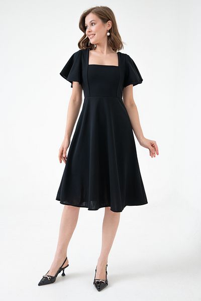 Secret Passion Lingerie Women's Sleeves Flounce Black Flexible Scuba Crepe Fabric Square Collar Midi Length Evening Dress 082