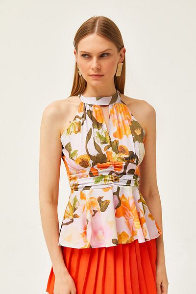 Olalook Women's Large Flower Orange Halter Neck Waist Detailed Crepe Blouse BLZ-19001505