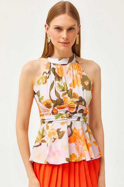 Olalook Women's Large Flower Orange Halter Neck Waist Detailed Crepe Blouse BLZ-19001505
