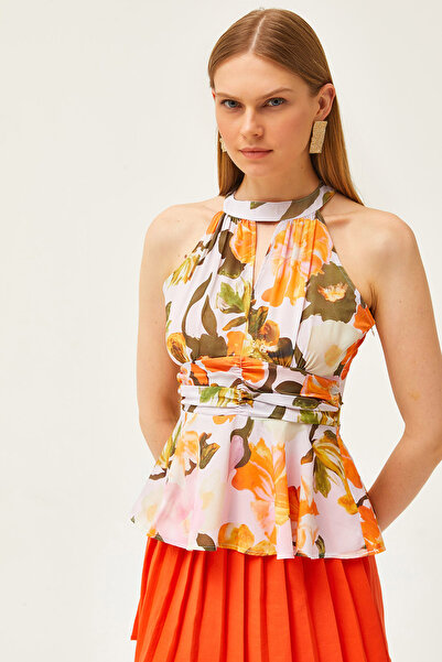 Olalook Жіноча блузка з крепу з великою квіткою апельсинового кольору з талією BLZ19001505 з вирізом на шиї BLZ19001505