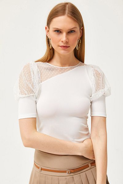 Olalook Women's Ecru Lace Tulle Garnished Knitted Blouse BLZ-19002572