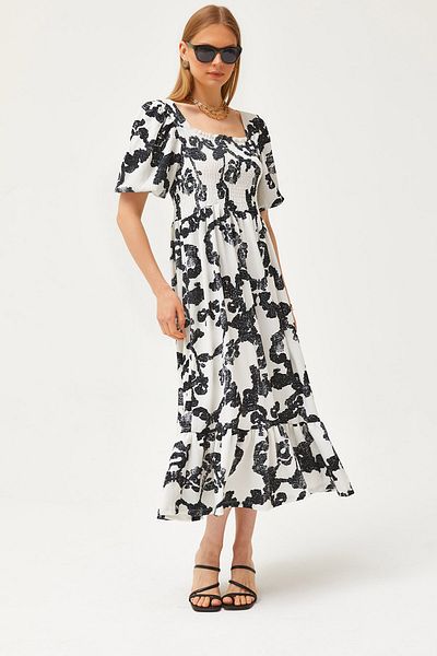 Olalook Women's Ecru Black Robe Elastic Midi Knitted Dress ELB-19002108