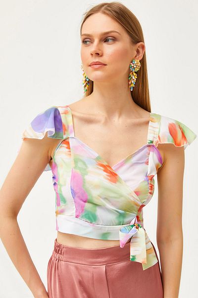 Olalook Damen-Bluse aus Mos-Krepp mit Batikmuster und seitlichem Reißverschluss, Blumenmuster und Ärmeln BLZ-19001463
