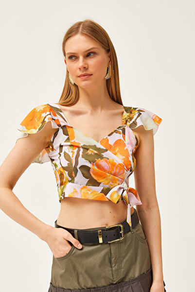 Olalook Dámska veľká kvetinová oranžová blúzka s bočným zipsom s podrobným rukávom Mos krepová blúzka BLZ-19001463