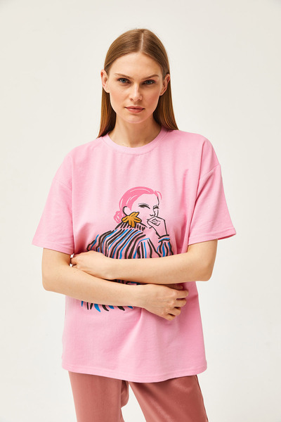 Olalook Γυναικείο μπλουζάκι με στάμπα ροζ κοριτσιού oversize TSH-19000799