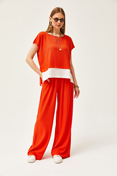 Olalook Women's Orange Top Blouse Bottom Trousers Set TKM-19000273