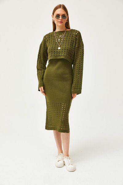 Olalook Női khaki felső áttört pulóver alsó áttört ruha kötöttáru készlet TKM-19000246