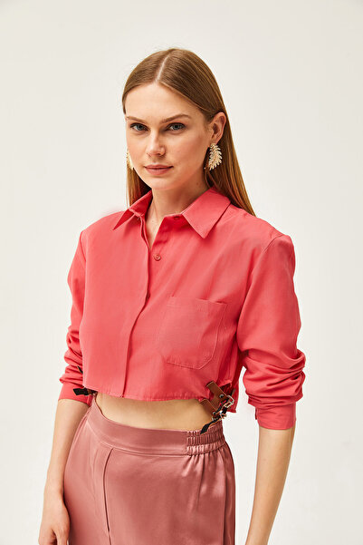 Olalook Women's Coral Side Belt Detailed Crop Woven Shirt GML-19001191