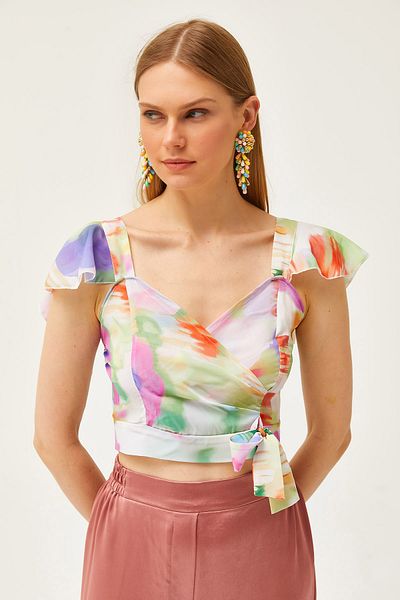 Olalook Damen-Bluse aus Mos-Krepp mit Batikmuster und seitlichem Reißverschluss, Blumenmuster und Ärmeln BLZ-19001463
