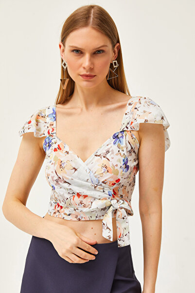 Olalook Damska niebieska, kwiatowa bluzka z bocznym zamkiem błyskawicznym i szczegółową bluzką z krepy Mos BLZ-19001463