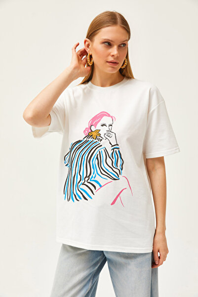 Olalook Γυναικείο μπλουζάκι εκρού κοριτσιού με στάμπα oversize TSH-19000799