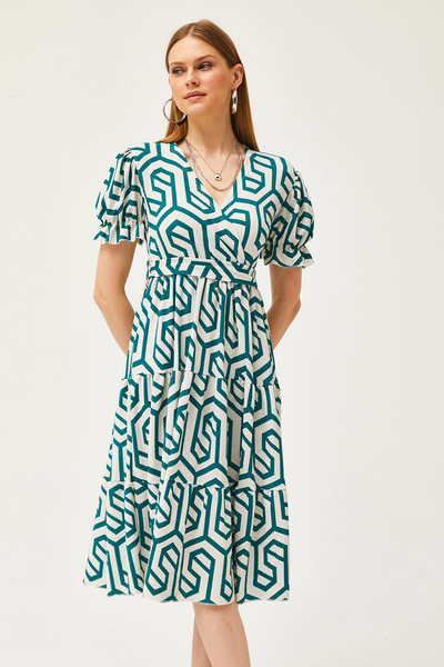 Olalook Grünes, zweireihiges, gemustertes Damenkleid mit Gürtel ELB-19002103