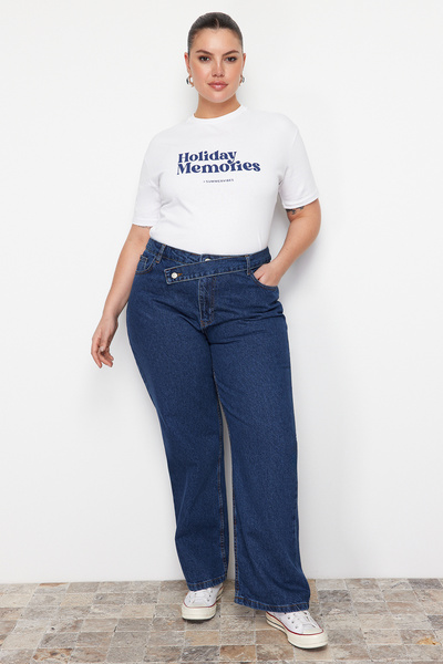 Trendyol Curve Тъмносини прави дънки с детайлна талия TBBAW24CJ00003